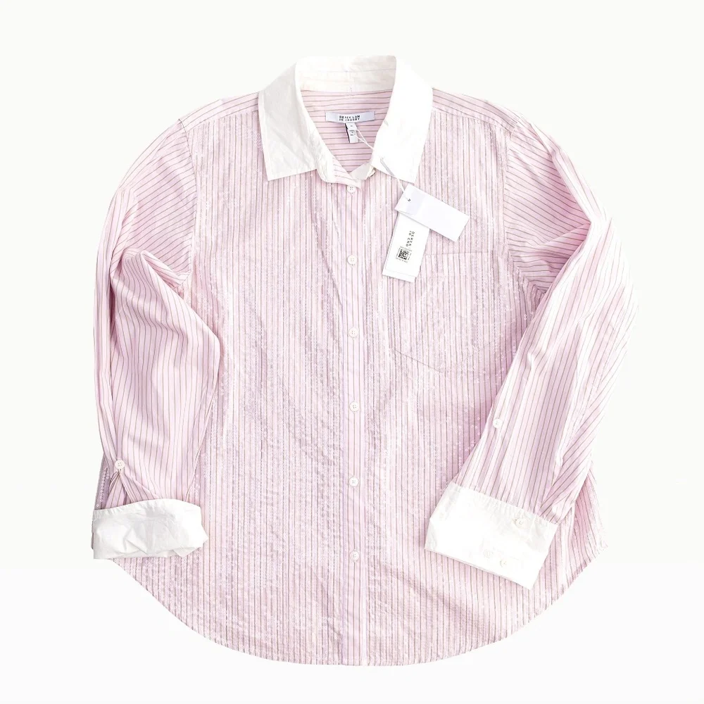 NWT Derek Lam 10 Crosby Wesley Sequined Striped Cotton Shirt Pink $395 - Size M - Picture 8 of 12